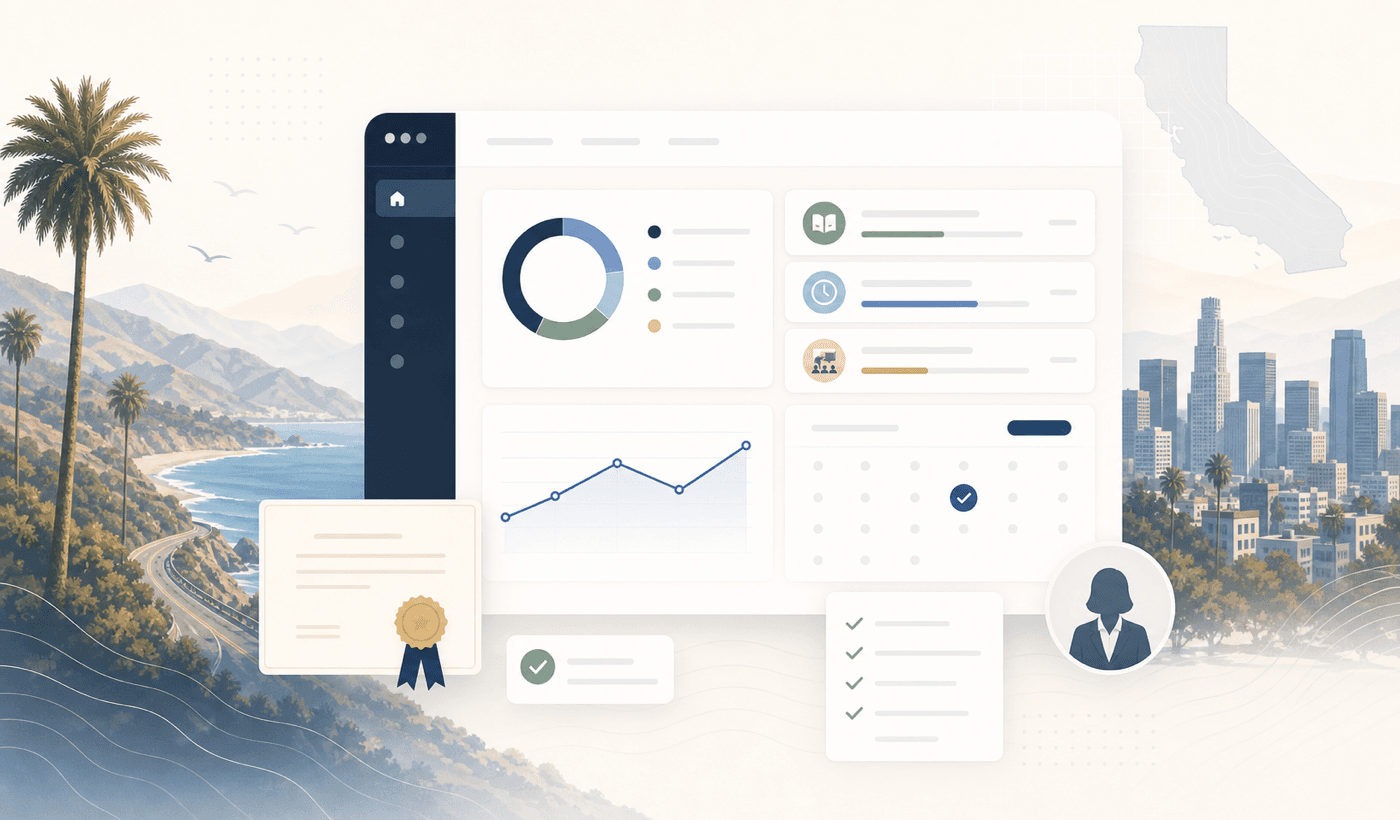 California CLE tracker with abstract Pacific coastline and dashboard elements.