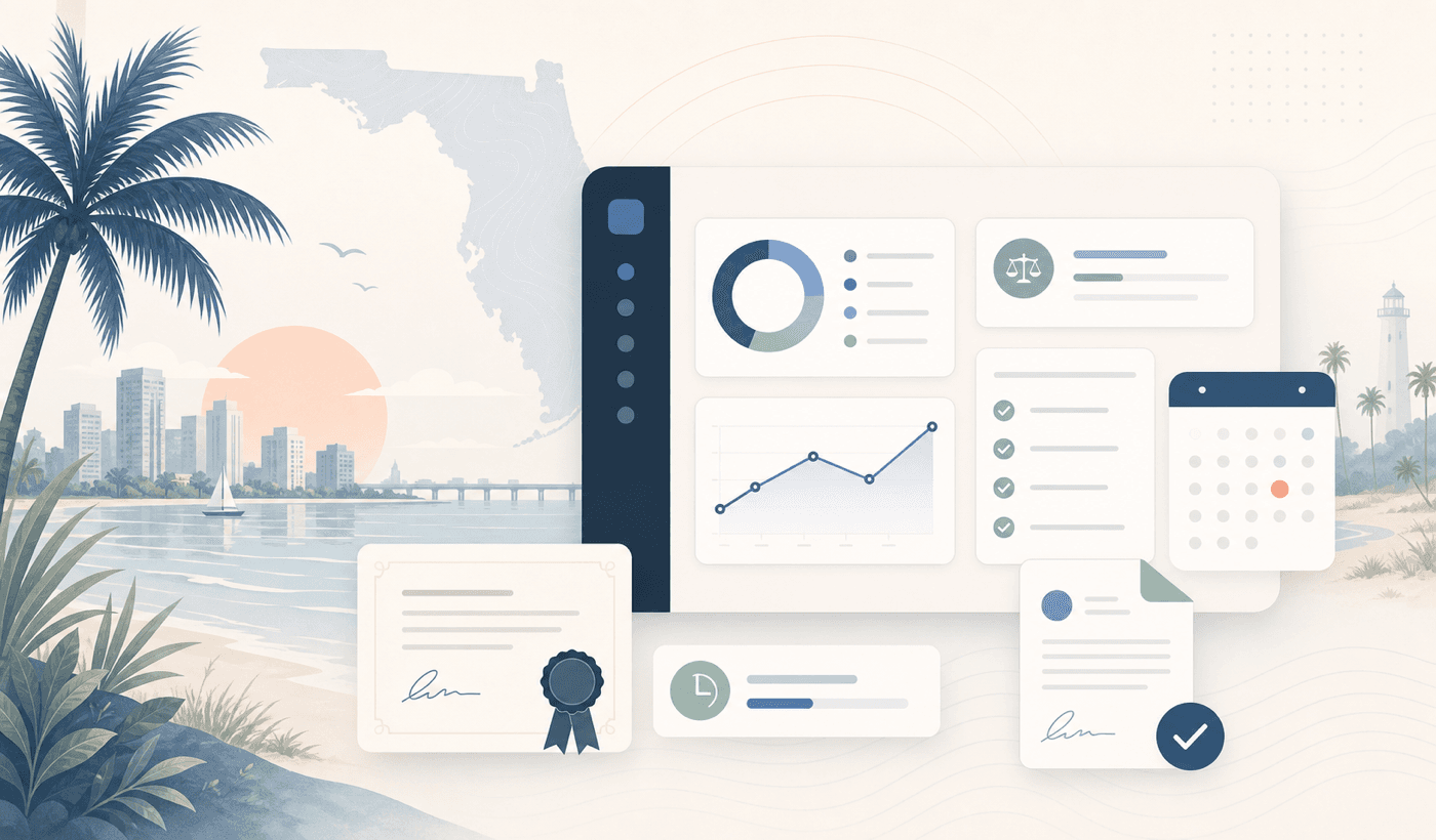 Florida CLE compliance dashboard with subtle coastline and palm motifs.