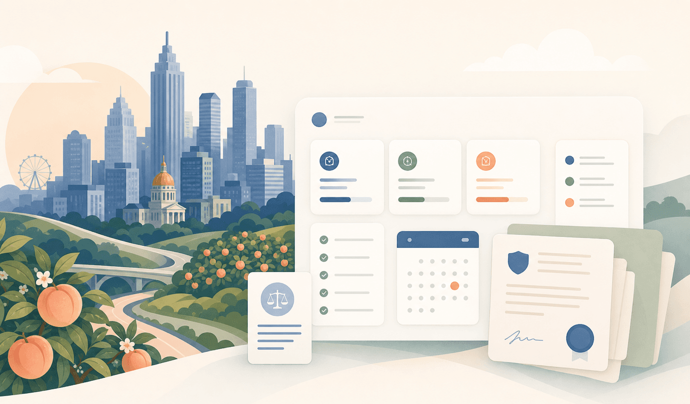 Georgia CLE tracking dashboard with abstract skyline and peach-inspired accents.