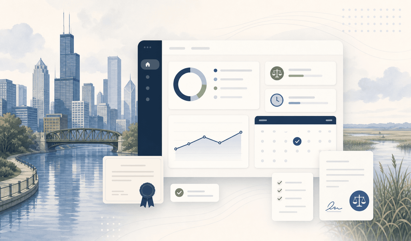 Illinois CLE dashboard with abstract Chicago skyline and river motif.