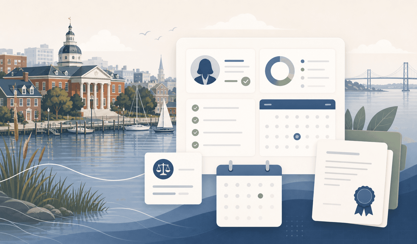 Maryland CLE profile guide illustration with Chesapeake-inspired abstract design.