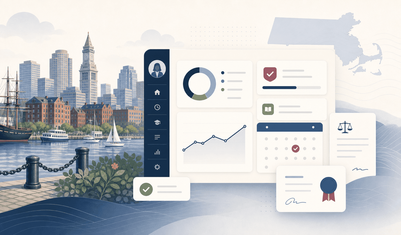Massachusetts CLE profile illustration with abstract harbor and academic motifs.