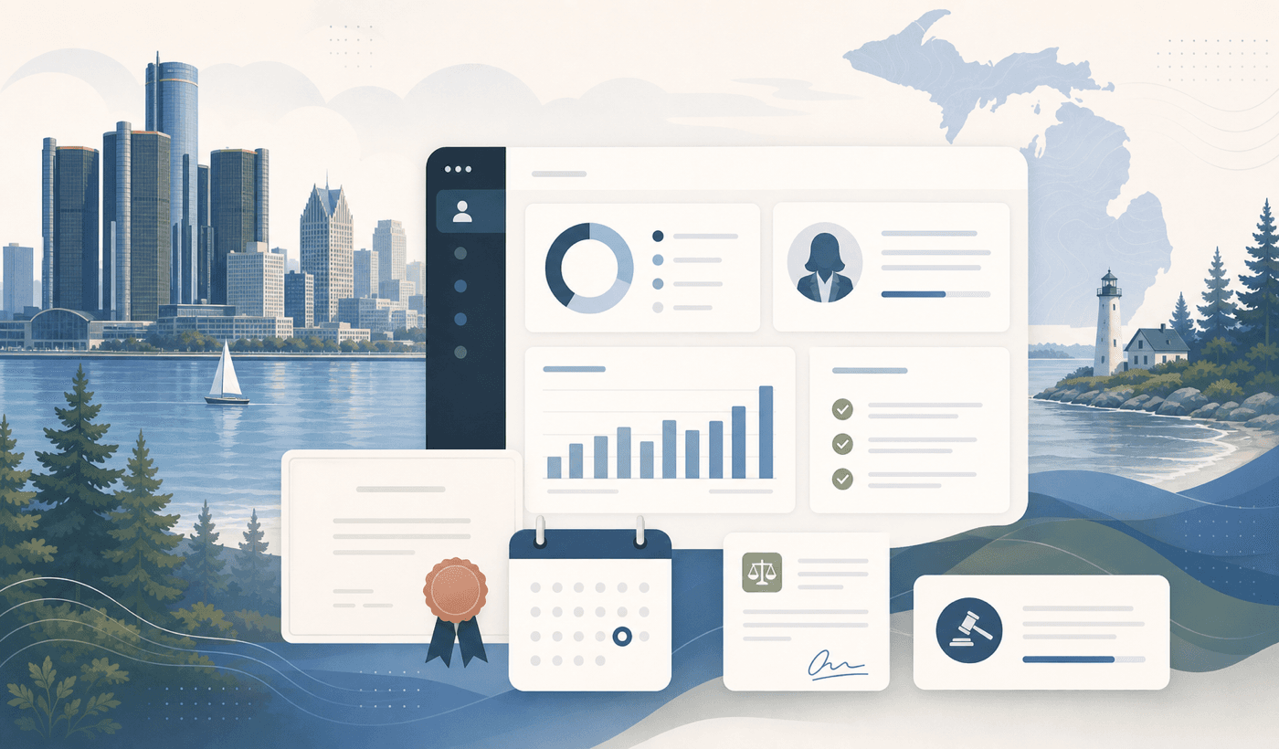 Michigan CLE profile guide illustration with Great Lakes-inspired dashboard elements.