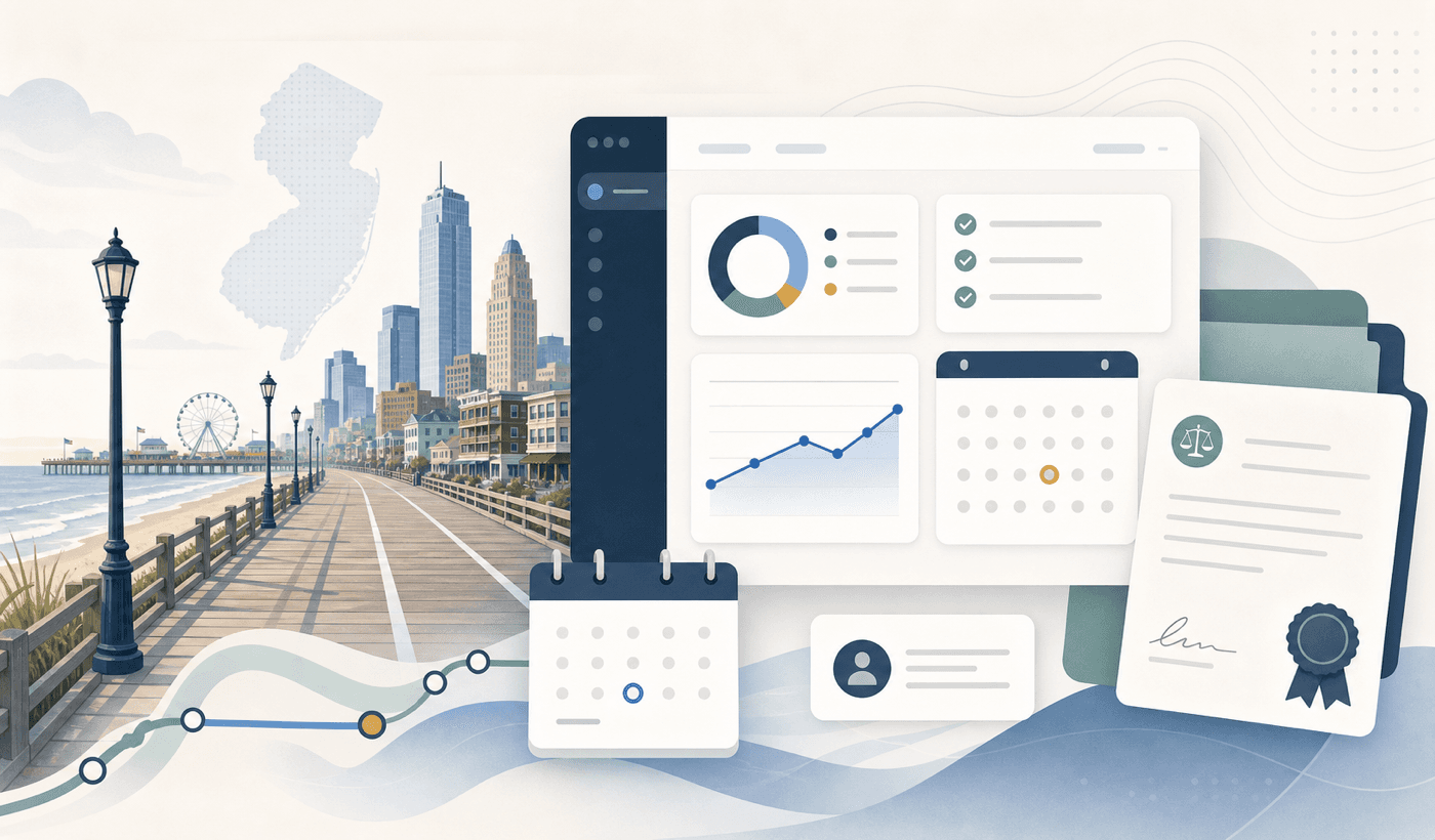 New Jersey CLE reporting checklist with subtle shoreline-inspired design.