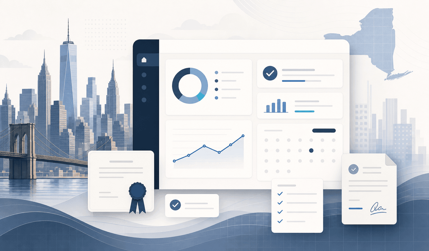 New York CLE dashboard with abstract skyline and compliance cards.