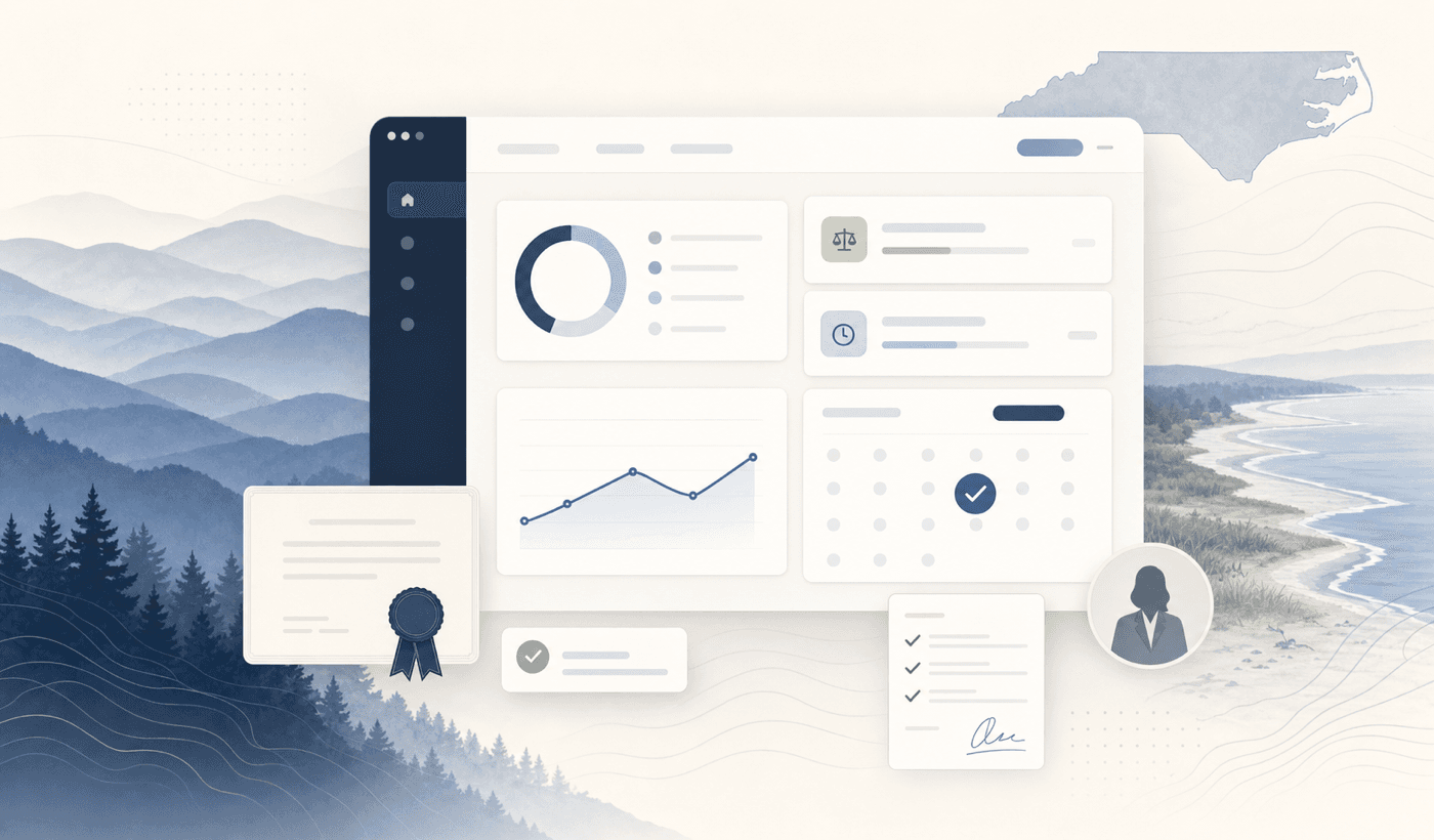 Abstract CLE tracking dashboard with North Carolina mountain and coastal motifs.