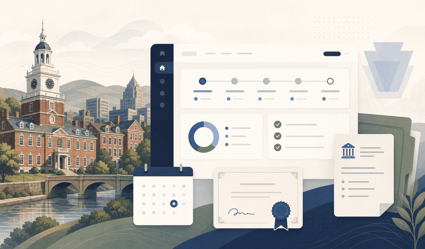 Pennsylvania CLE compliance timeline with abstract historic architecture motifs.
