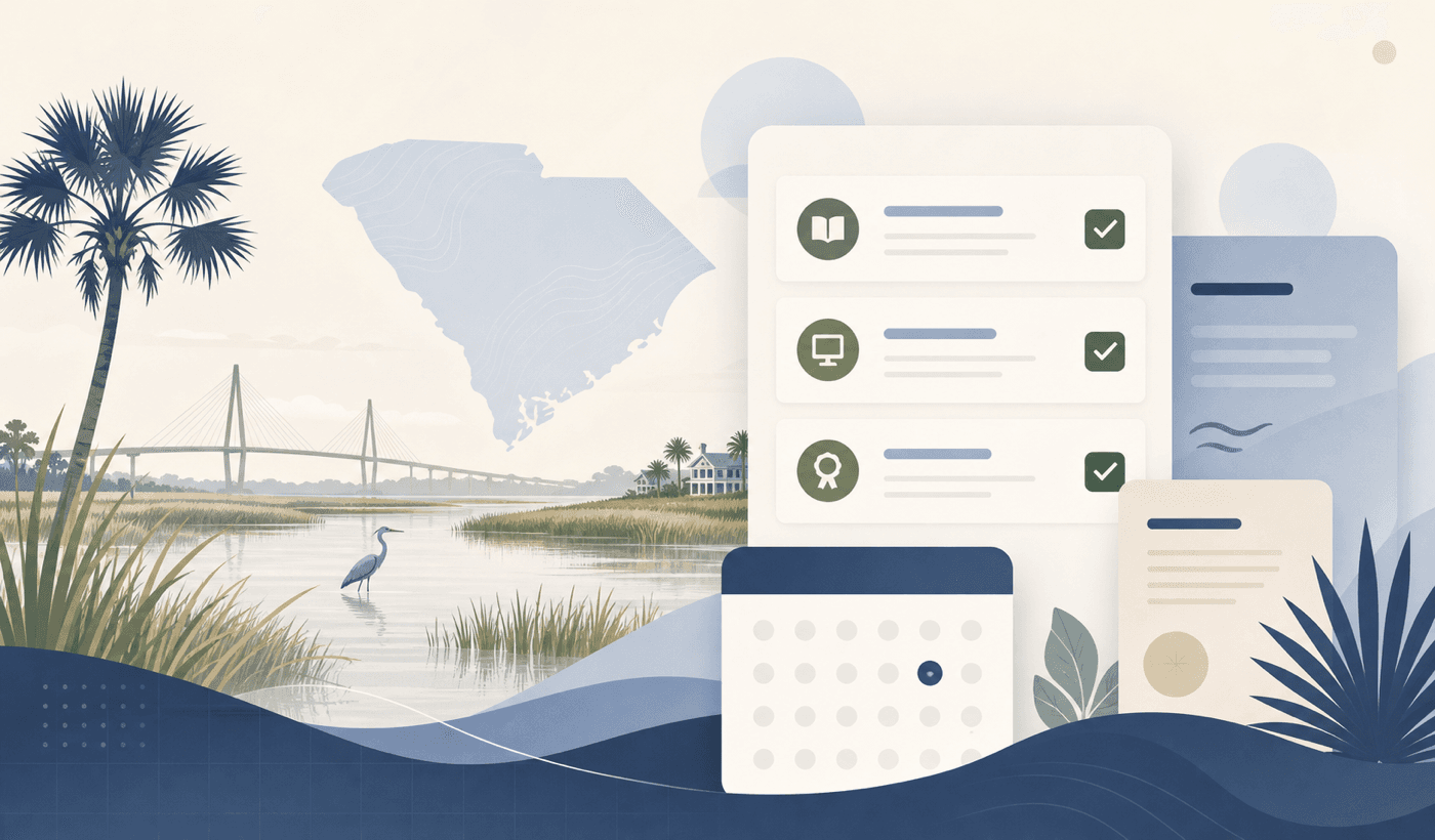 CLE compliance checklist with subtle South Carolina coastal and palmetto motifs.