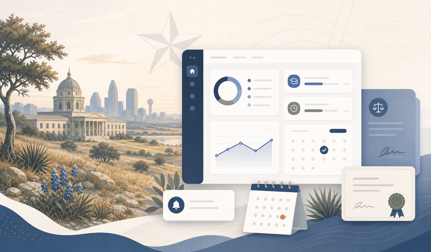 Texas CLE compliance tracker with abstract horizon and calendar reminders.