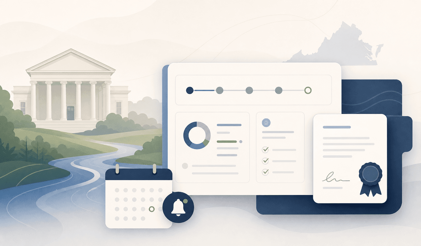 CLE credit timeline with subtle Virginia landscape and architecture motifs.